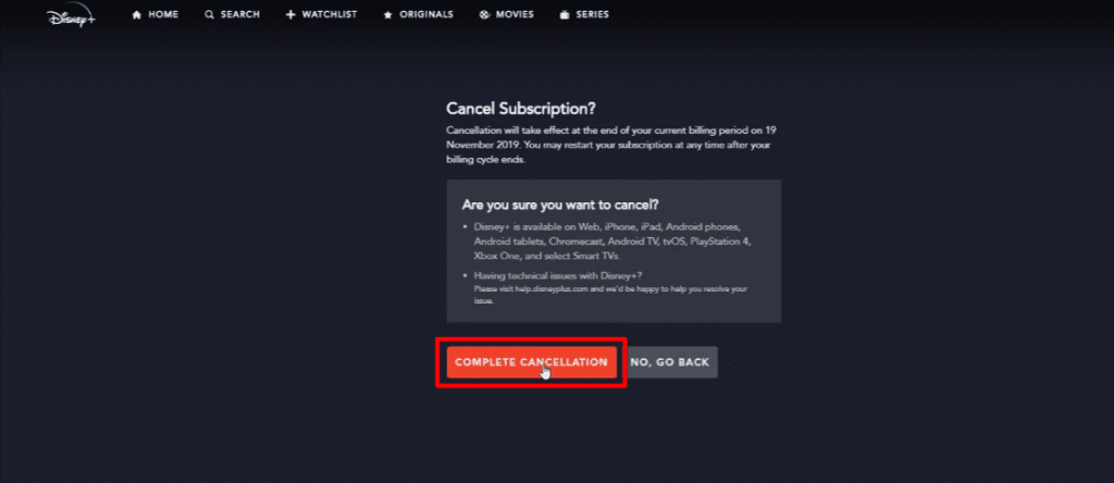 Confirm that cancelling disney plus subscription