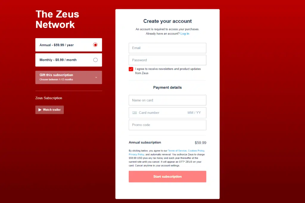 Zeus Network monthly or annual subscription