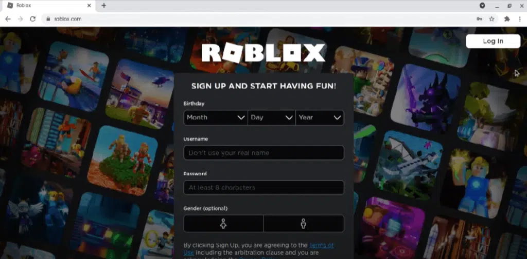 create/sign in your roblox account